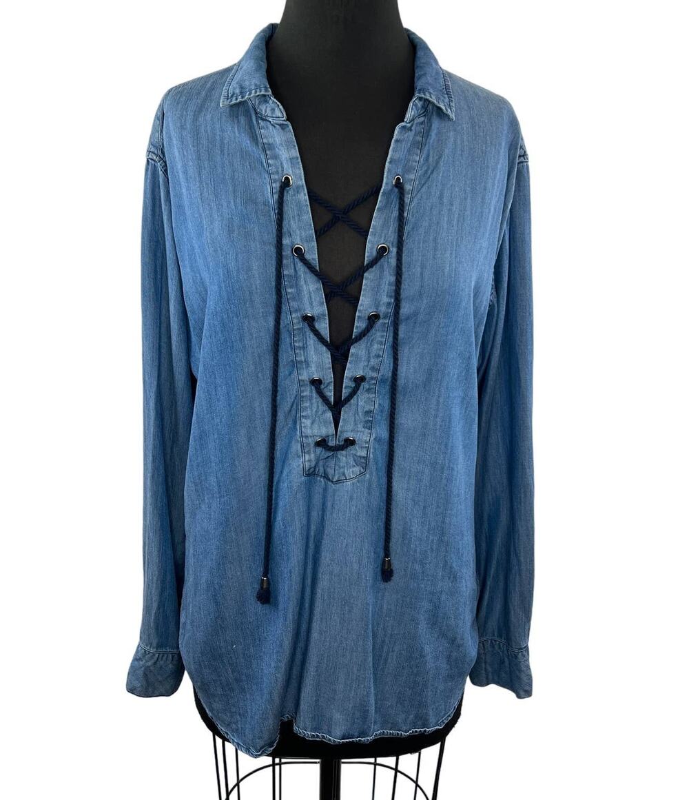 RAILS Blue Dark Vintage Wash Chambray Long Sleeve Lace-Up Denim Blouse M Medium